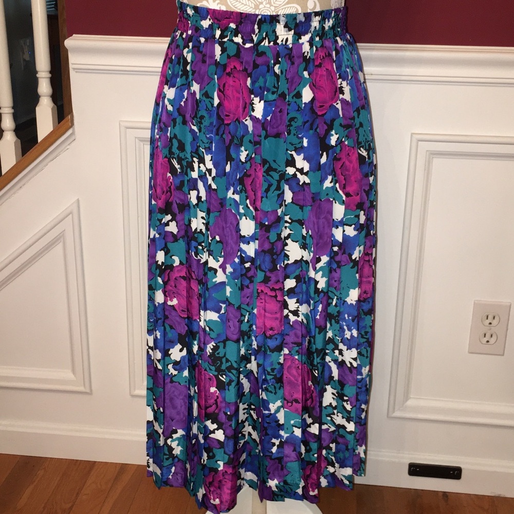 VINTAGE 80s 90s PLEATED FLORAL PULL-ON MIDI SKIRT /Size 12P Cottagecore